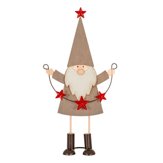 Metal elf figure in a grey coat and tall hat, holding a wire garland decorated with red stars.