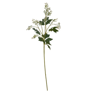 Long artificial milk thistle spray showing the thin stem, dark foliage, and dense clusters of light green buds.