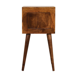 Rear view of the small chestnut nightstand highlighting the solid back panel and tapered legs.