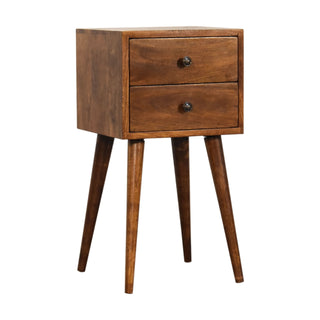 Chestnut bedside table with two drawers, tapered legs, and small round metal knobs.