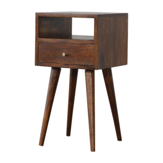 Mid-century style chestnut bedside table featuring an open storage cubby and a single drawer.