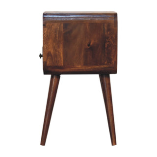 Side view of the chestnut bedside table showing the depth and tapered legs.