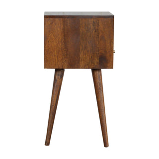 Side profile of the chestnut bedside table showing the depth of the unit and the tapered legs.