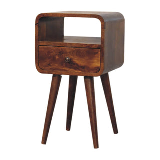 Chestnut bedside table featuring tapered mid-century style legs and curved body.