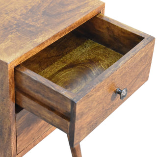 Chestnut bedside table, close view of the top drawer pulled open, highlighting the interior wood.