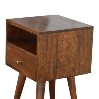 Rich chestnut wood grain visible on the side panel and polished top surface of the nightstand.