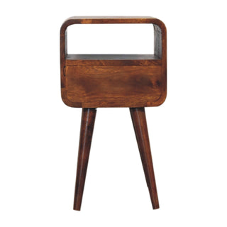 Clean front-on studio shot of the chestnut bedside table with curved edges, open storage, and tapered legs.