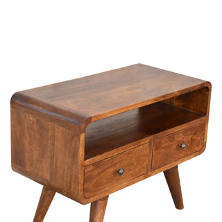 High-angle view of the chestnut unit showing the top surface, open shelf, and two drawers.