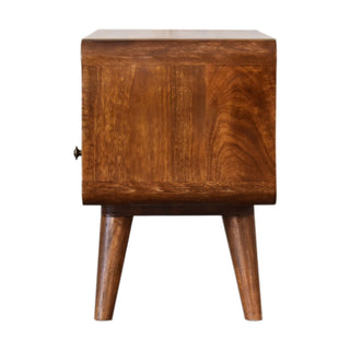 Side view of the chestnut media unit showing the depth, curved edges, and tapered legs.