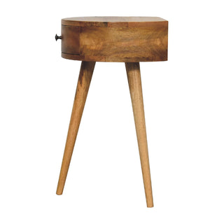 Wooden bedside table featuring a single drawer and three sharply angled, tapered legs against a white background.