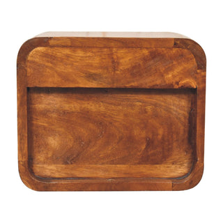 Rear view of the dark wood floating bedside unit, showing the recessed back panel and construction details.