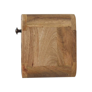 Side profile view of the curved oak-ish bedside unit, showing the depth, rounded edges, and wood grain.