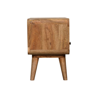 Full side view of the mini wooden media unit, highlighting the curved edges, natural grain, and tapered legs.