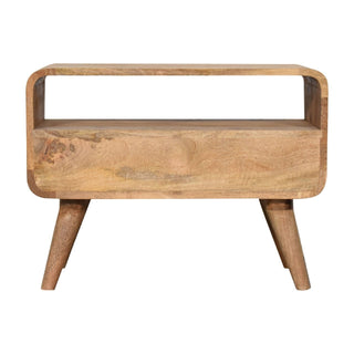 Full front view of the handle-less wooden media unit with open shelf and tapered legs.
