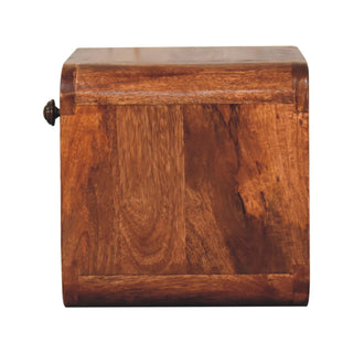Side profile of the wooden bedside unit, showing the depth and vertical wood grain.