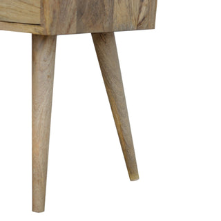 Detail shot of the wooden bedside table base and the two angled, tapered legs.