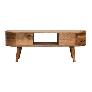 Oval wooden unit featuring a central open shelf and two closed storage sections on tapered legs.