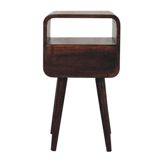 Full view of the dark walnut bedside unit, showing the open shelf, rounded corners, and four tapered legs.