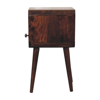 Side profile view of the dark walnut bedside unit, showing the depth, curved edges, and tapered legs.