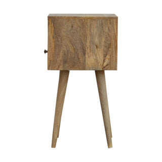 Side profile of the light mango wood nightstand with angled, tapered legs.