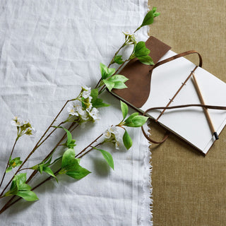 Mock orange spray with white flowers and green leaves, styled beside an open notebook on white and khaki fabric.