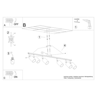 Technical drawing detailing how to install the six-spot light fitting onto the ceiling.