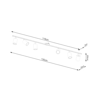 Line drawing illustrating the size specifications of the black six-spot ceiling light fitting.