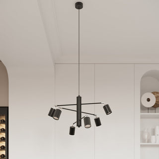 Modern black six-spot light fitting hanging from the ceiling against white fitted cabinetry.