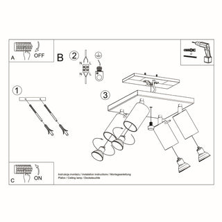 Black and white technical diagram showing steps for fitting the four-spot ceiling light.