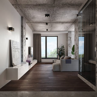 Styled room scene showing multiple black quad ceiling lamps mounted on a raw concrete ceiling.