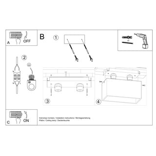 Installation diagram showing the wiring, mounting bracket, and final assembly of the black quad ceiling lamp.