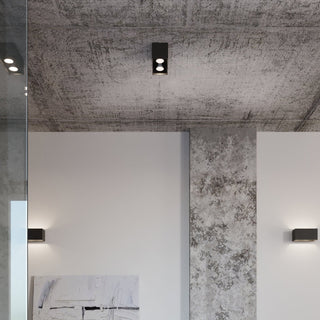 Ceiling lamp mounted on concrete ceiling, with matching black wall lamps illuminating white walls.