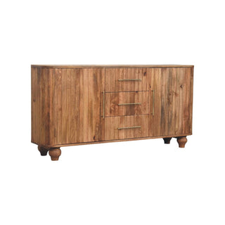 Sideboard in natural wood finish, angled view showing brass handles and turned wooden feet.