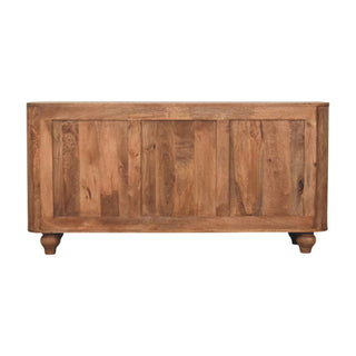 Plain studio shot of the wooden sideboard's rear panel, showing vertical planks and turned feet.