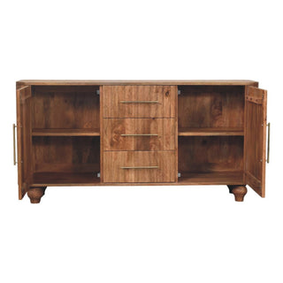 Wooden sideboard with cupboard doors open, revealing internal storage shelves and three drawers.