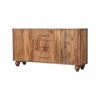 Front-on studio shot of the wooden sideboard with three central drawers and two side cupboards, featuring brass bar handles.