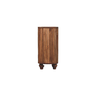 Narrow side profile of the wooden sideboard showing vertical planks and turned feet.