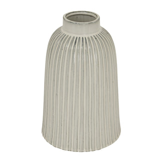 White ceramic vase with vertical ribbed texture and speckled glaze.