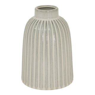 Medium white ceramic vase with a bell shape and vertical ribbed detailing.