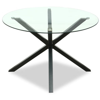Plain front-on view of the round glass table top and the intersecting dark metal pedestal base.