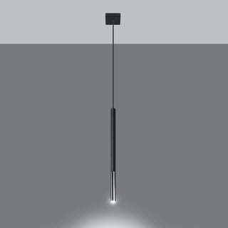 Black cylindrical pendant light suspended from a square ceiling plate, emitting a downward beam.
