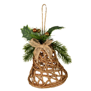 Natural woven bell decoration with faux pine and holly foliage, bronze berries, and a jute ribbon bow.