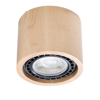 Front-on angled view of the natural wood cylindrical ceiling light with visible spotlight bulb.
