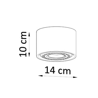 Line drawing of the cylindrical ceiling light showing dimensions: 10 cm high and 14 cm wide.