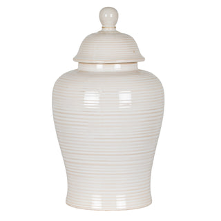 Plain front-on view of the Neva lidded ceramic ginger jar with a textured, horizontally ribbed cream glaze.