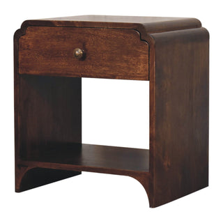 Full view of the dark walnut bedside table, highlighting the wood grain and curved Art Deco style frame.