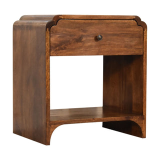 Dark stained wood bedside cabinet featuring one drawer with a metal pull and open base shelf.