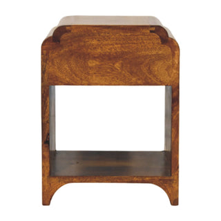 Front view of the chestnut nightstand showing the closed drawer panel and the open lower shelf space.