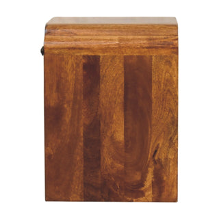 Side view of the Newton Mini nightstand highlighting the vertical wood grain and curved top profile.