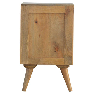 Full rear view of the wooden bedside cabinet, showing the back panel construction and tapered legs.